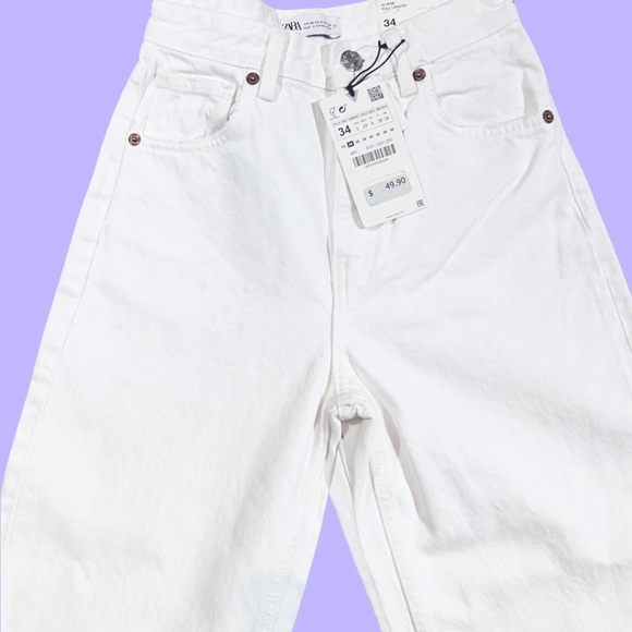 Women's Zara Hi-Rise Full Length Wide Leg White Denim Raw Hem Size 2/34L NWT - Picture 4 of 13